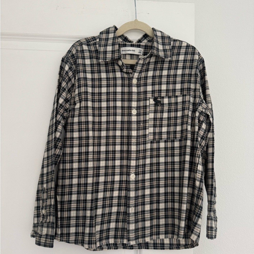 Abercrombie Kids boys' green & beige plaid flannel button down shirt 7 8 years
